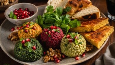 Assorted Georgian pkhali with spinach, beet, walnuts, pomegranate and mchadi