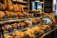 Neighborhood bakery counter with fresh sourdough loaves, baguettes, croissants, filled pastries, rolls and savory baked goods