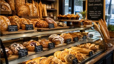 Neighborhood bakery counter with fresh sourdough loaves, baguettes, croissants, filled pastries, rolls and savory baked goods
