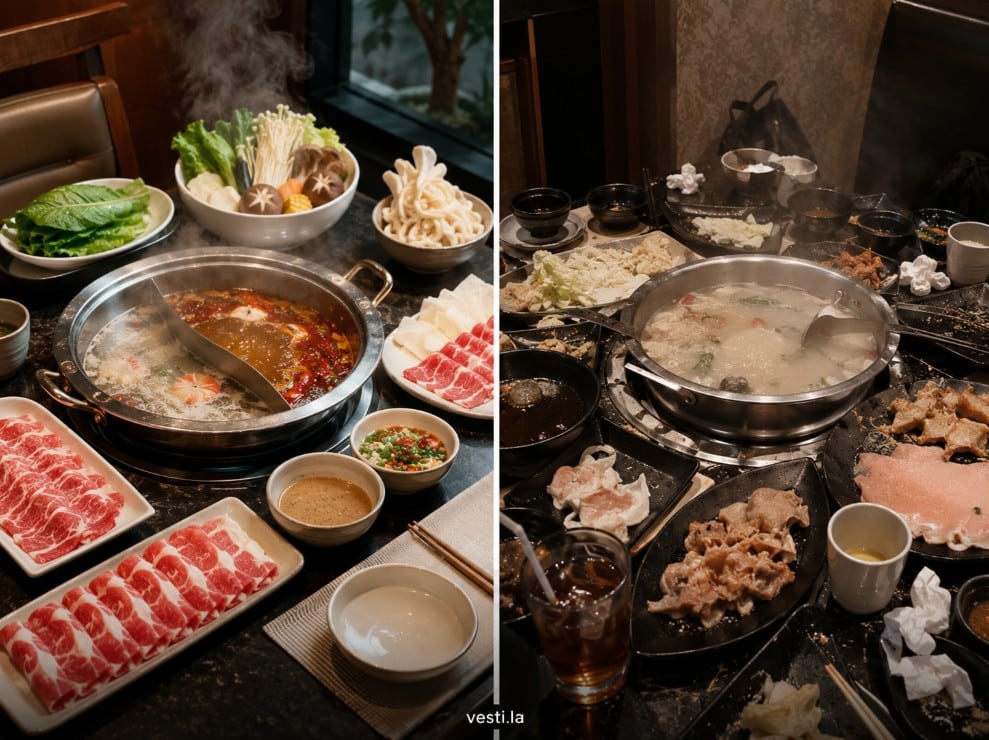 Organized hot pot table with fresh ingredients compared with a cluttered and poorly maintained setup