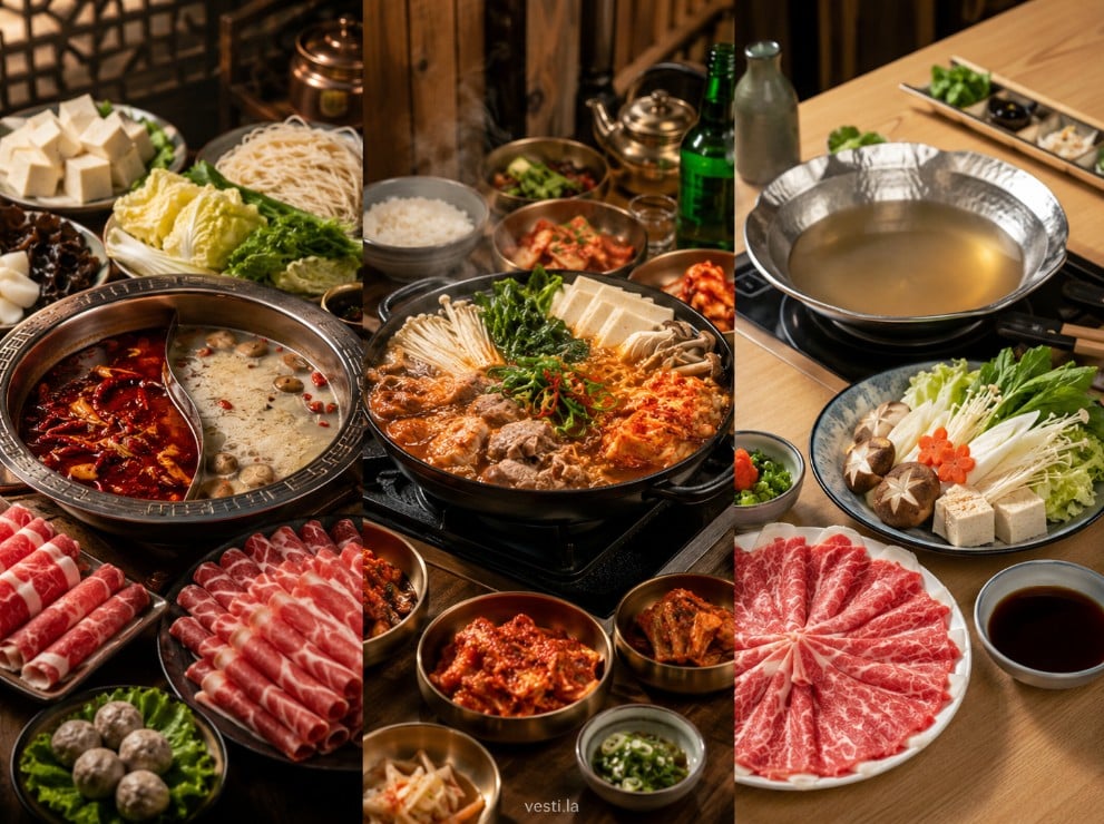Chinese communal hot pot, Korean hot pot and Japanese shabu-shabu restaurant styles