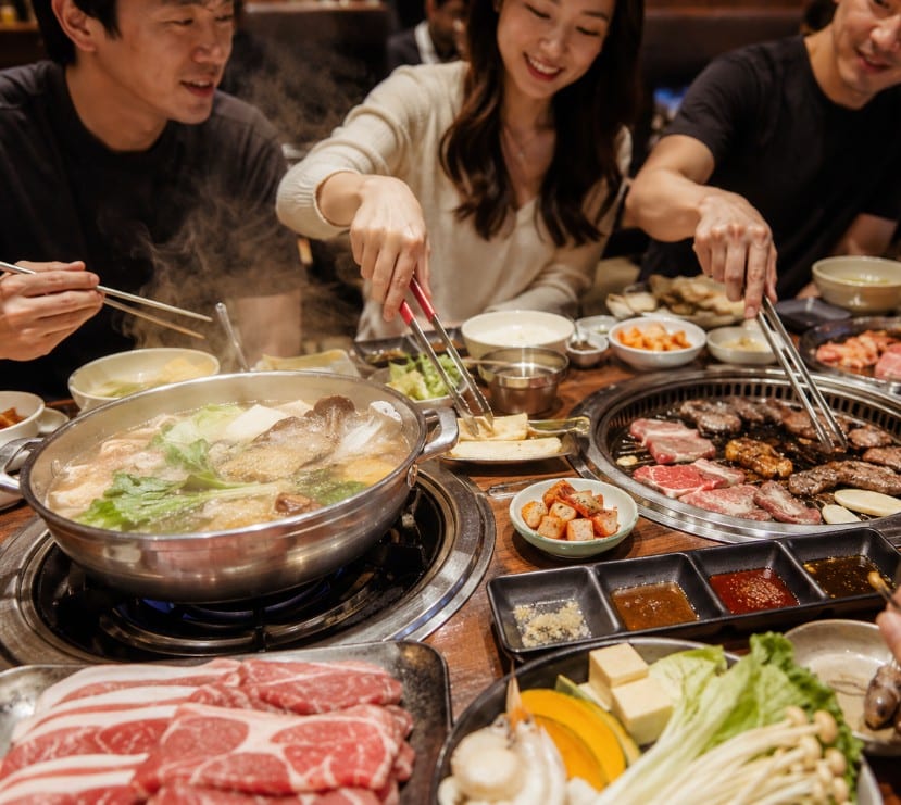 Hot pot and Korean BBQ combination table with separate pot, grill, ingredients and utensils