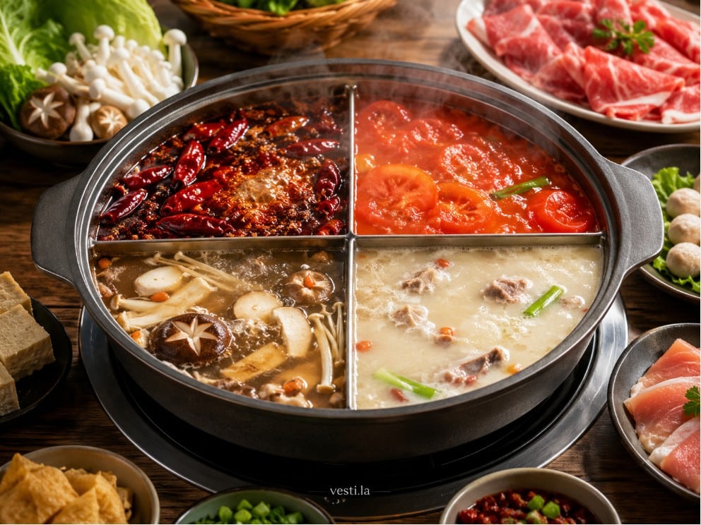 Mala, tomato, mushroom and pork bone hot pot broths in a divided pot