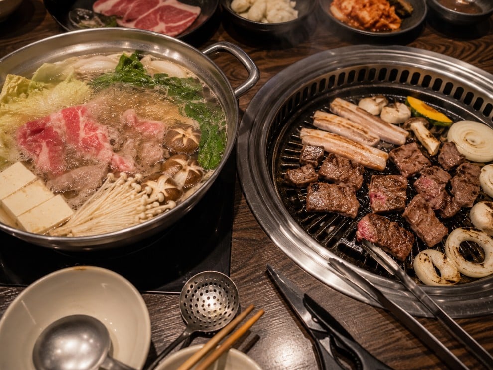 Hot pot broth compared with a Korean BBQ tabletop grill, showing simmered and grilled cooking methods