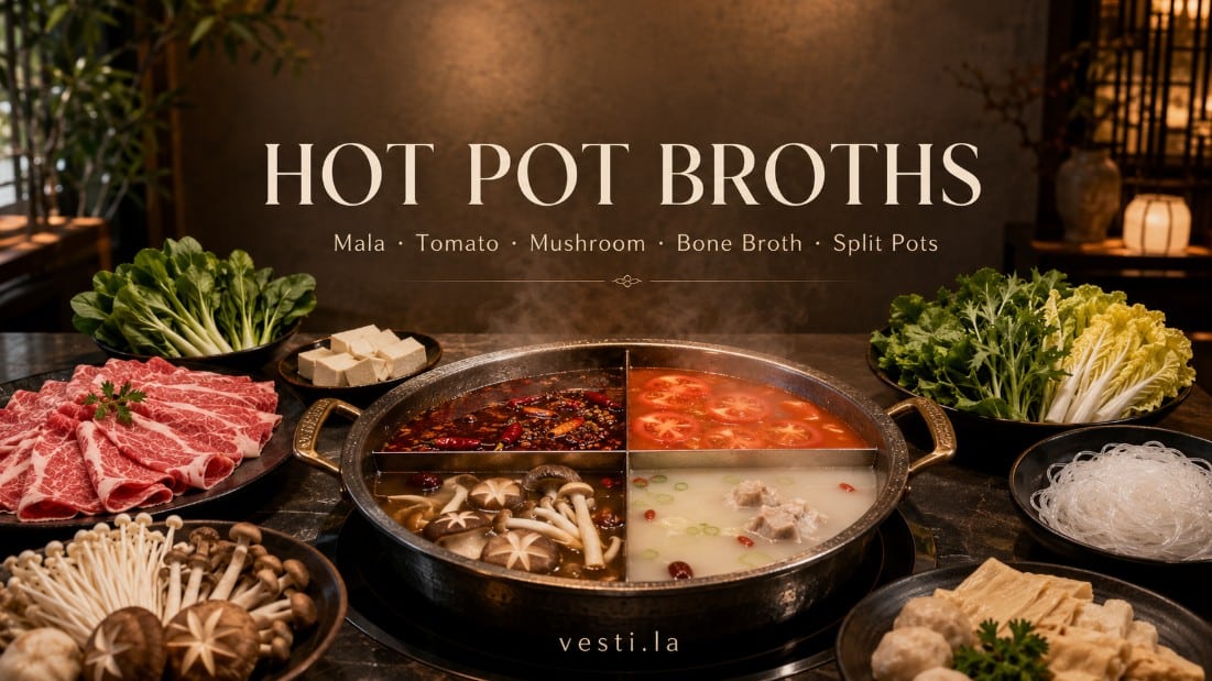 Hot pot broths guide banner featuring mala, tomato, mushroom, bone broth and split pots