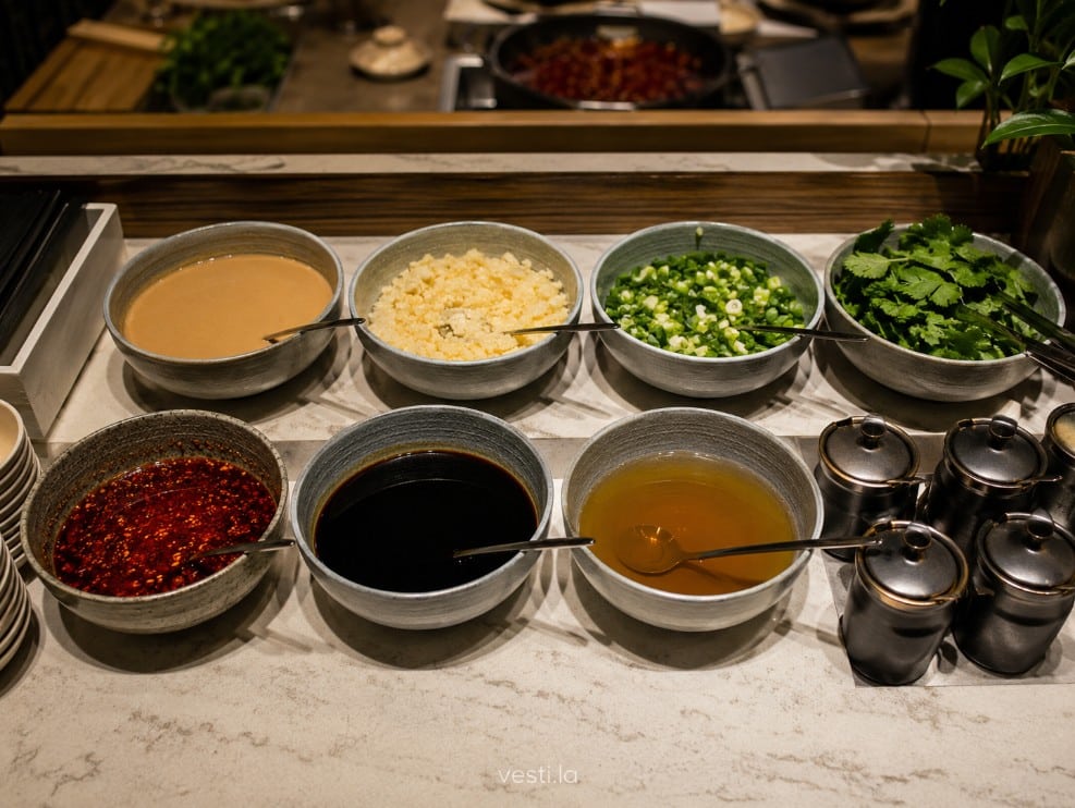 Hot pot dipping sauce bar with sesame paste, garlic, scallions, cilantro, chile oil, soy sauce and vinegar