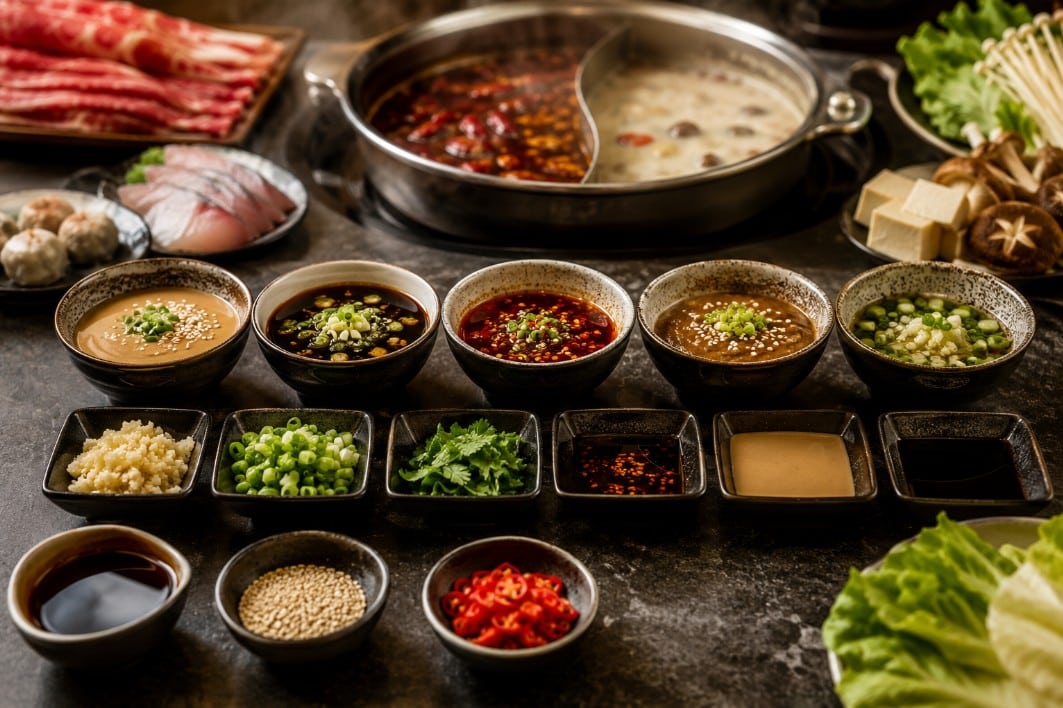 Four practical hot pot dipping sauce combinations with measured soy, vinegar, sesame, shacha and chile ingredients