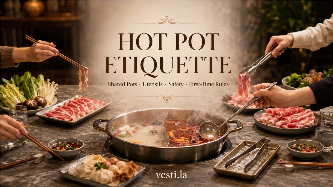 Hot pot etiquette guide banner showing shared pots, separate utensils, safety and first-time rules