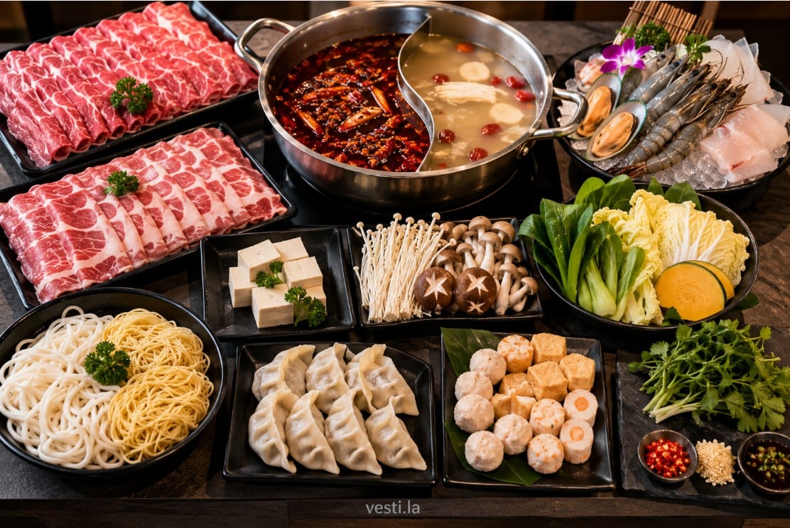 Hot pot ingredients including sliced meat, seafood, tofu, mushrooms, vegetables, noodles and dumplings