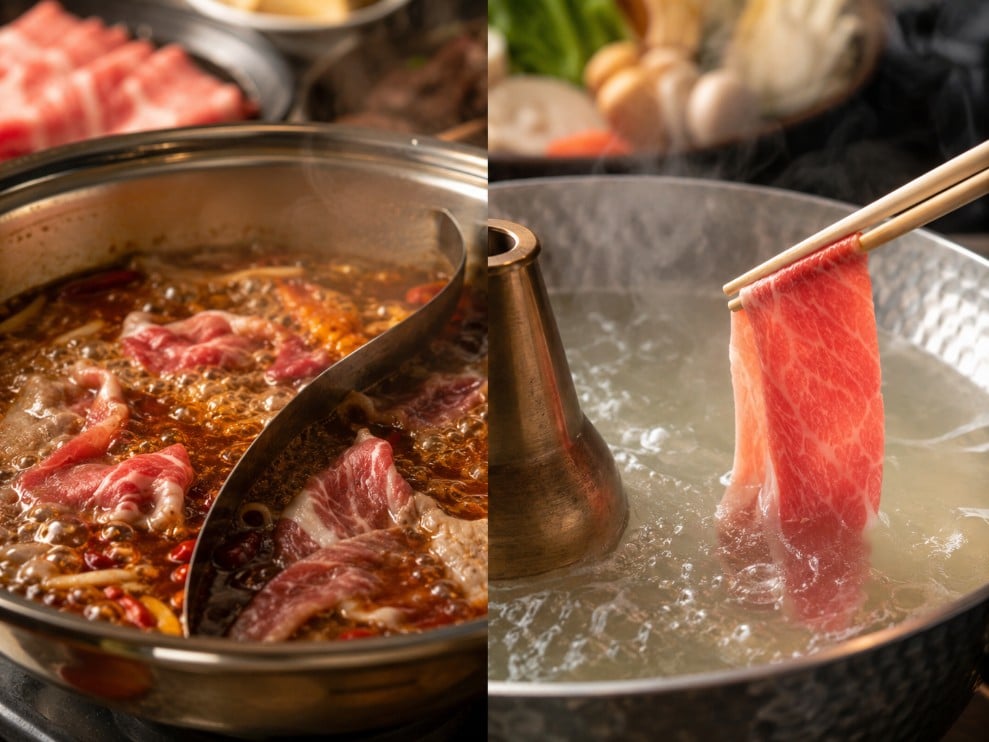 Hot pot batch cooking compared with shabu-shabu meat being swished individually through clear broth