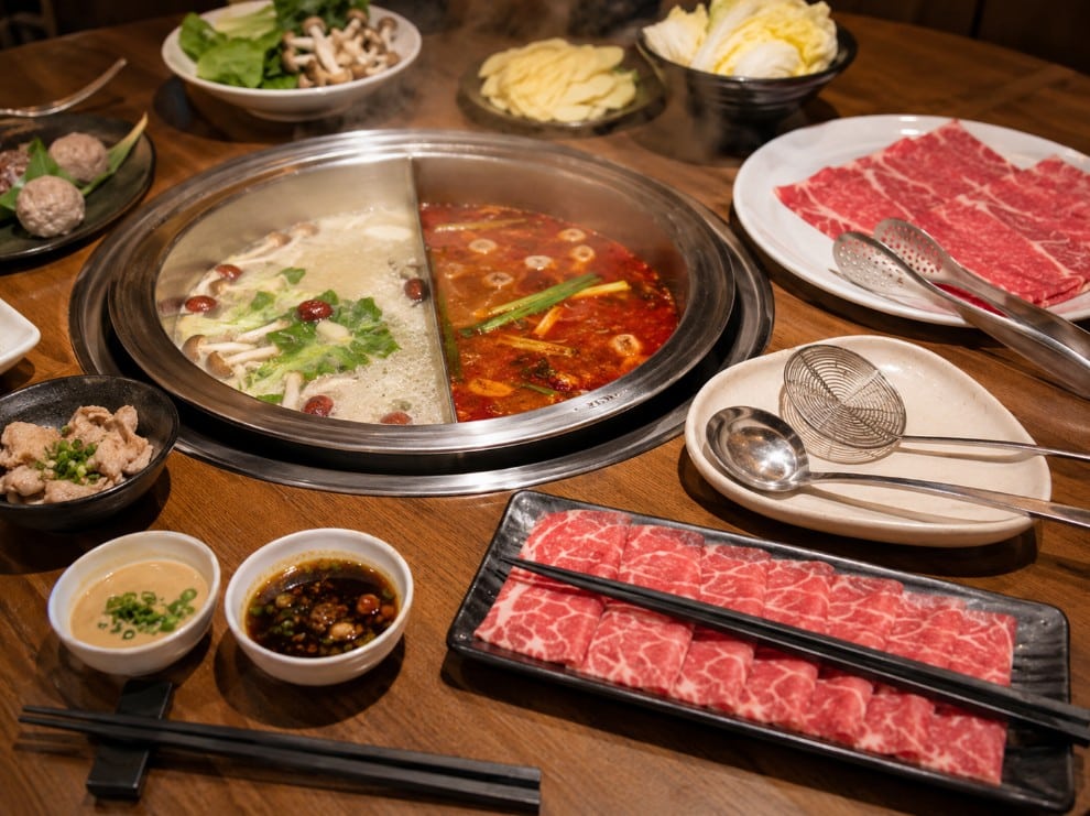 Correct separation of raw meat tongs, cooking chopsticks, shared ladle and personal eating utensils at hot pot