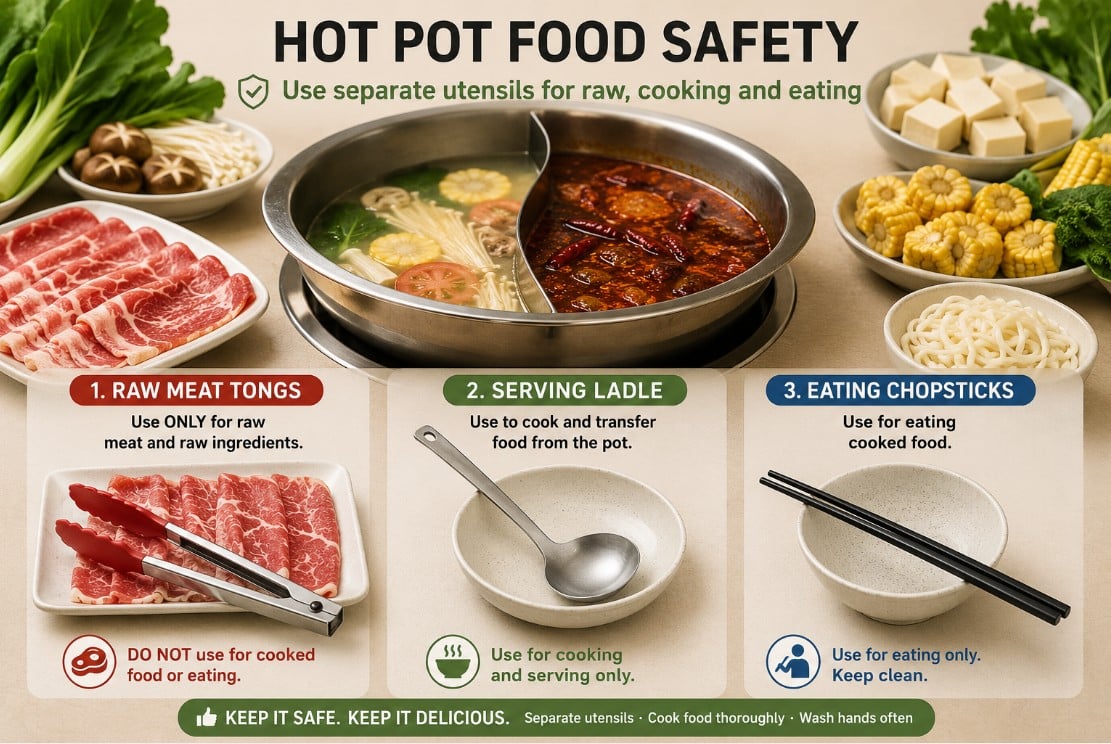Separate tongs for raw hot pot meat, a serving ladle and eating chopsticks