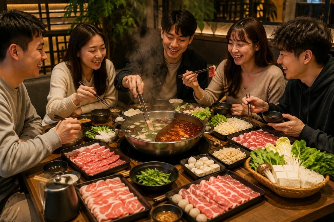 Group dining around a hot pot restaurant table