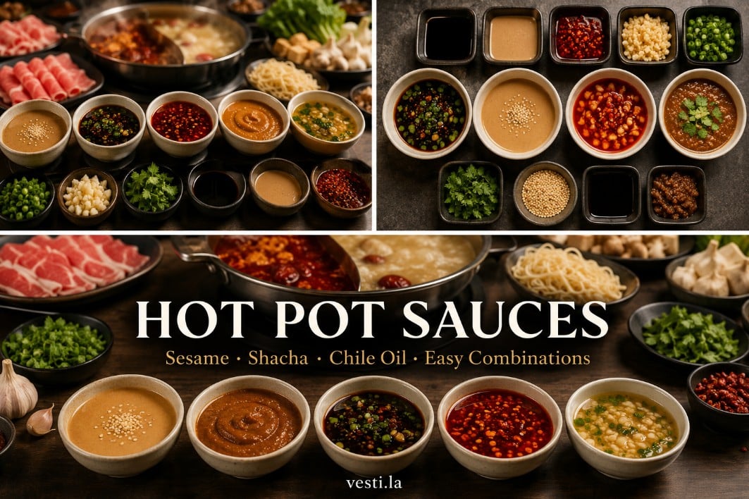 Hot pot sauce bar combinations with soy vinegar, sesame, chile oil and shacha dipping sauces