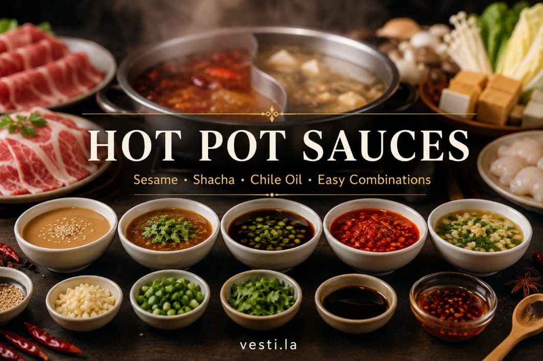 Hot pot sauces guide banner featuring sesame, shacha, chile oil and easy dipping sauce combinations