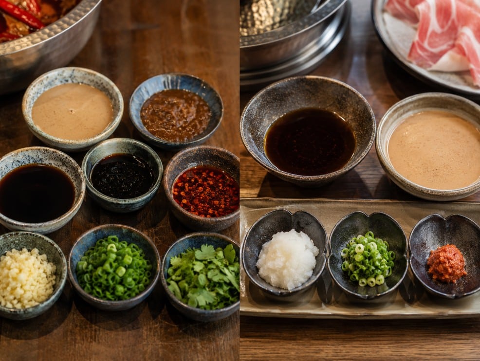 Chinese hot pot dipping sauces compared with Japanese shabu-shabu ponzu and sesame sauces