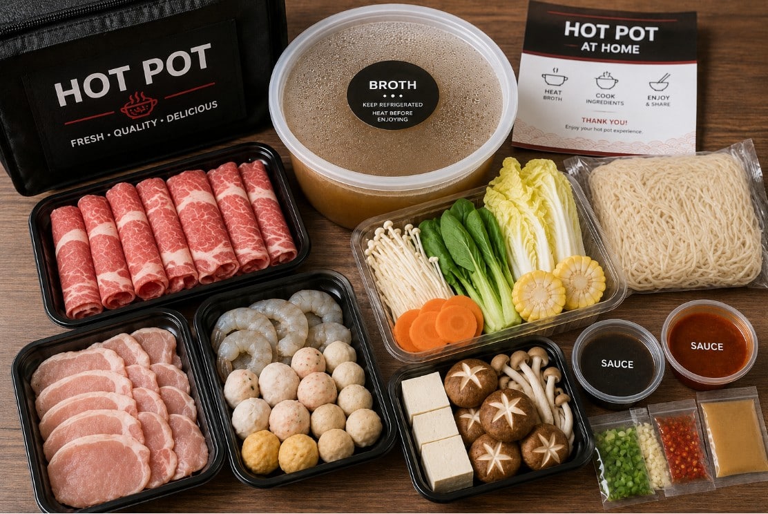 Hot pot takeout kit with broth, raw ingredients, noodles, vegetables and sauce packed separately
