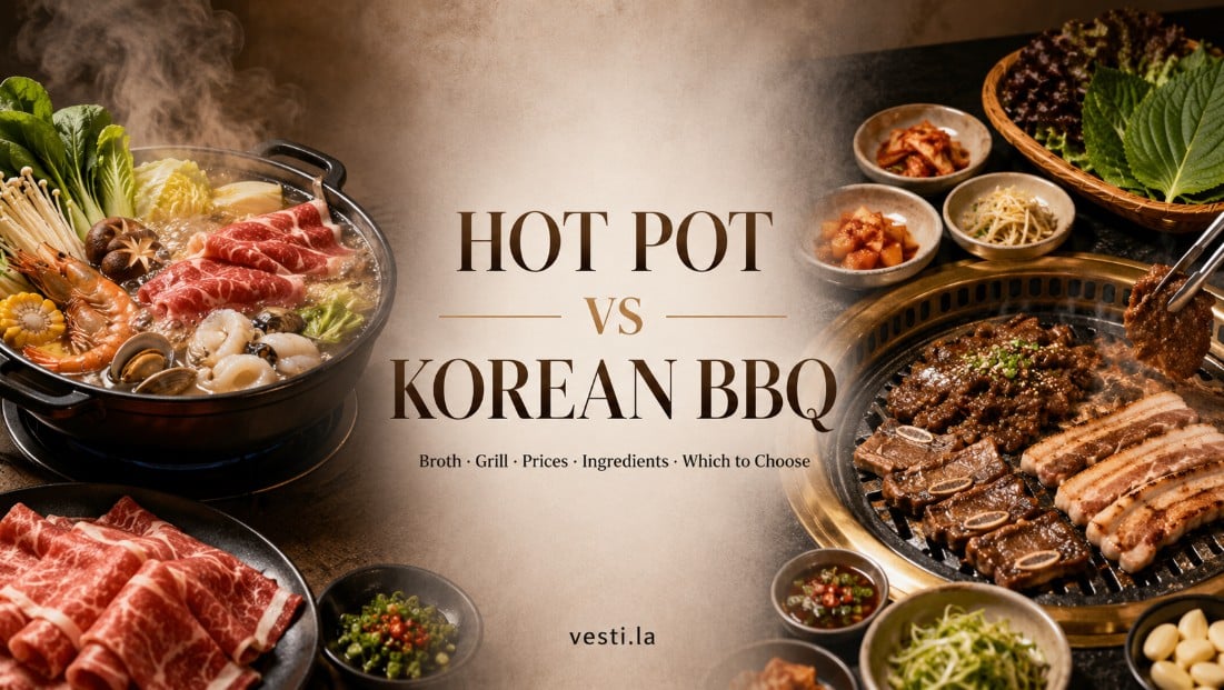 Hot pot vs Korean BBQ comparison banner covering broth, grill, prices, ingredients and which to choose