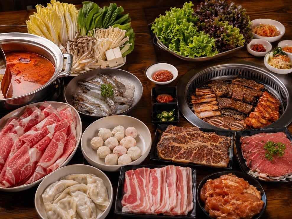 Hot pot ingredients compared with Korean BBQ meats, banchan, vegetables, sauces and wraps