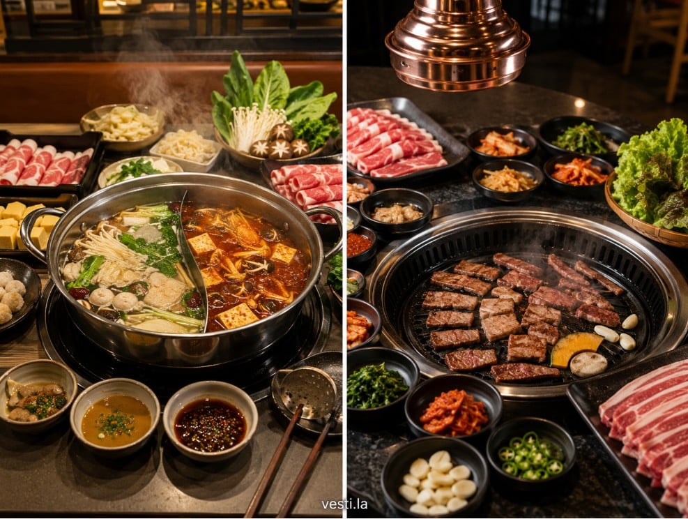 Broth-based hot pot compared with a Korean tabletop barbecue grill
