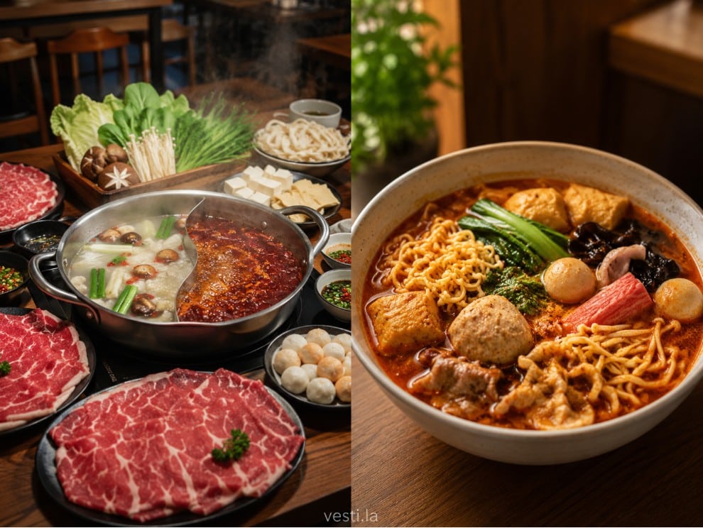 Communal tabletop hot pot compared with an individually cooked bowl of malatang