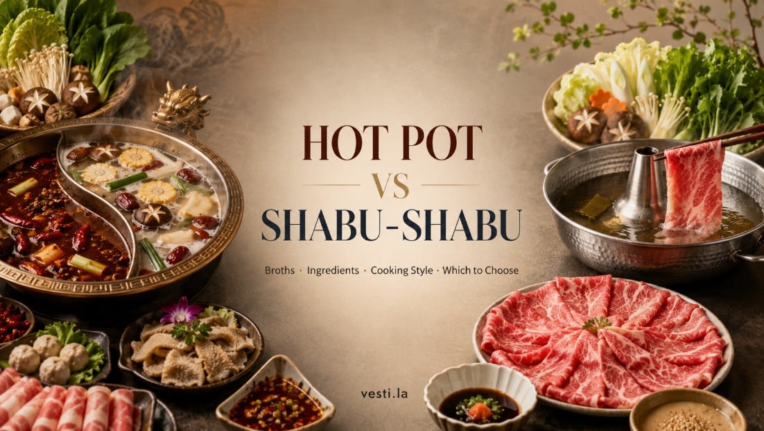 Hot pot vs shabu-shabu comparison banner covering broths, ingredients, cooking style and which to choose