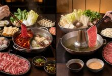 Chinese hot pot and Japanese shabu-shabu compared with divided spicy broth, clear kombu broth, sliced meat, vegetables, tofu, noodles, and dipping sauces