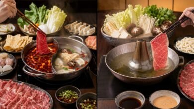 Chinese hot pot and Japanese shabu-shabu compared with divided spicy broth, clear kombu broth, sliced meat, vegetables, tofu, noodles, and dipping sauces