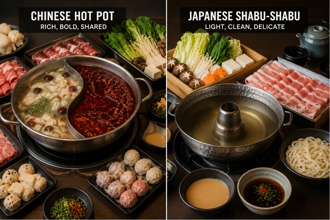 Chinese divided hot pot compared with Japanese shabu-shabu