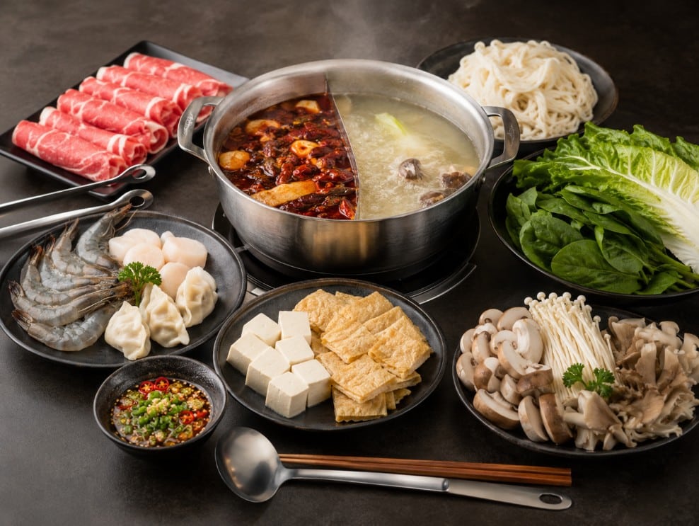Balanced hot pot order with sliced meat, seafood, tofu, mushrooms, vegetables, noodles, sauce and separate utensils