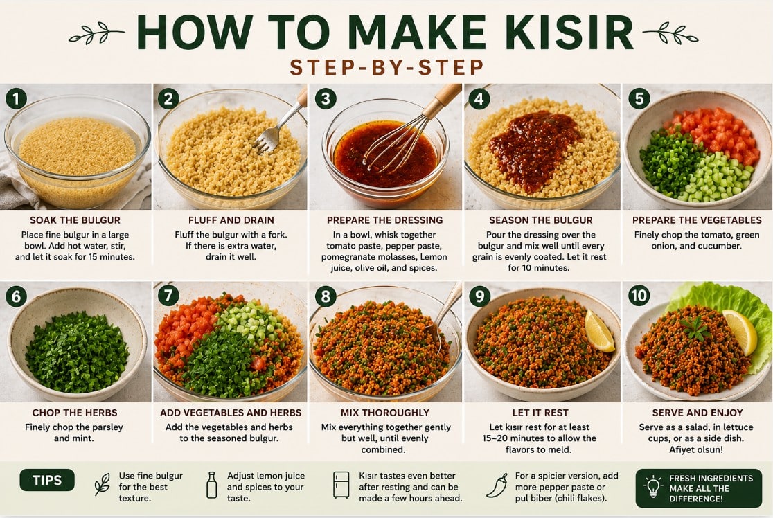Stages showing how Turkish kisir is assembled