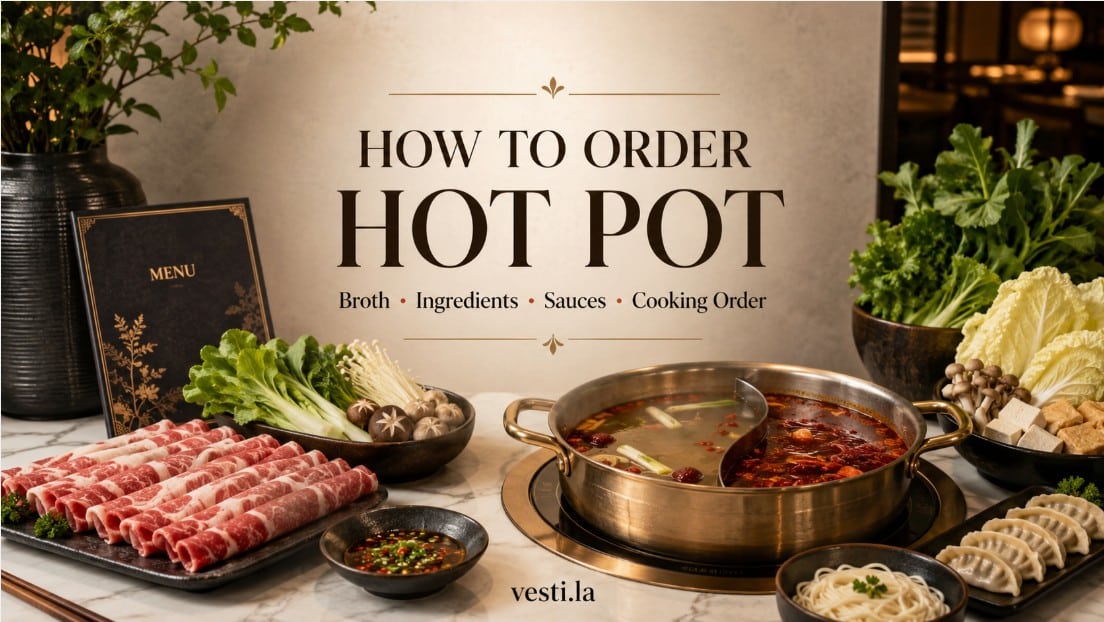 How to Order Hot Pot editorial banner with broth, ingredients, sauces and cooking order
