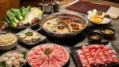 How to order hot pot with divided broth, sliced meat, tofu, vegetables, dumplings, noodles, sauces, and restaurant menu