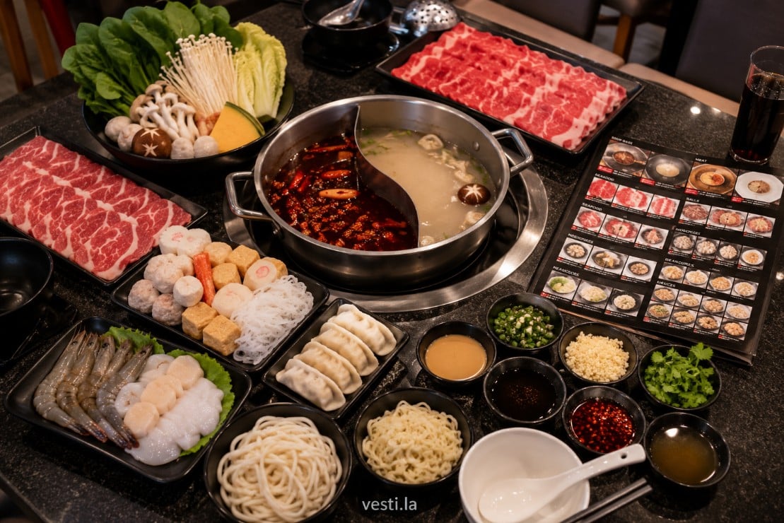 Hot pot table with broth, ingredient trays, sauce bowl and menu