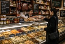 Immigrant deli prepared-food counter with homemade salads, stuffed cabbage, pickles, pastries and imported products