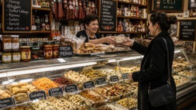 How Immigrant Delis Preserve Food Traditions 9 Immigrant deli prepared-food counter with homemade salads, stuffed cabbage, pickles, pastries and imported products