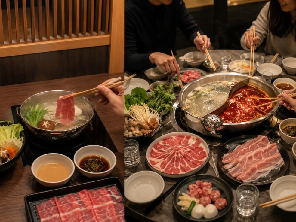 Individual shabu-shabu pot compared with a larger shared communal hot pot