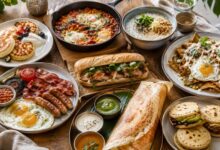 International breakfast table with syrniki, shakshuka, congee, chilaquiles, full English breakfast, bánh mì, dosa and arepas