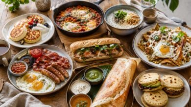 International breakfast table with syrniki, shakshuka, congee, chilaquiles, full English breakfast, bánh mì, dosa and arepas
