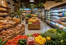 Spacious international food market with fresh bakery items, produce displays and refrigerated grocery sections