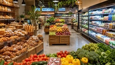 Spacious international food market with fresh bakery items, produce displays and refrigerated grocery sections