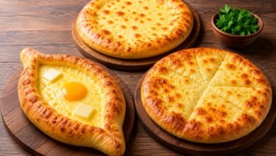 Adjarian, Imeretian and Megrelian khachapuri showing different Georgian cheese bread styles