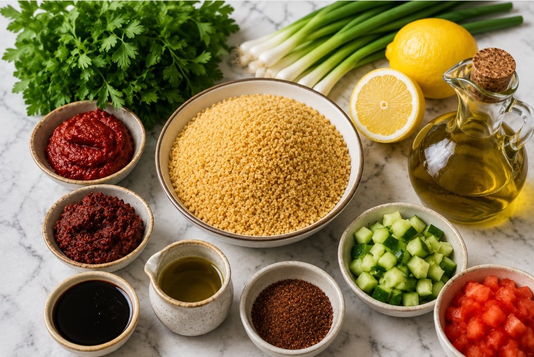Fine bulgur, pepper paste, tomato paste, herbs, lemon and pomegranate molasses for kisir