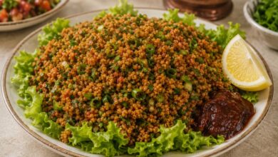 Kisir bulgur salad with parsley, green onion, lettuce and lemon
