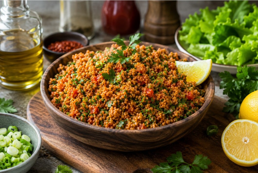 Turkish kisir bulgur salad in a wooden serving bowl
