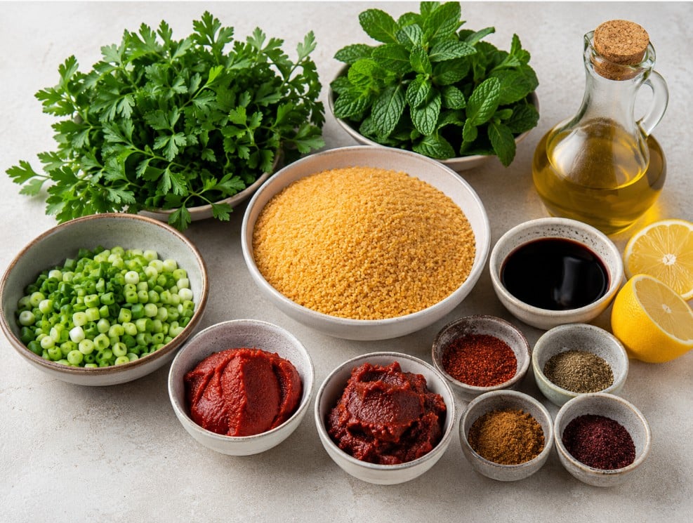 Fine bulgur, tomato paste, red pepper paste, herbs, lemon and pomegranate molasses for kisir