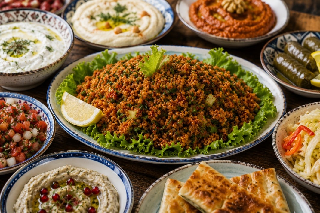 Kisir bulgur salad served on a Turkish mezze table