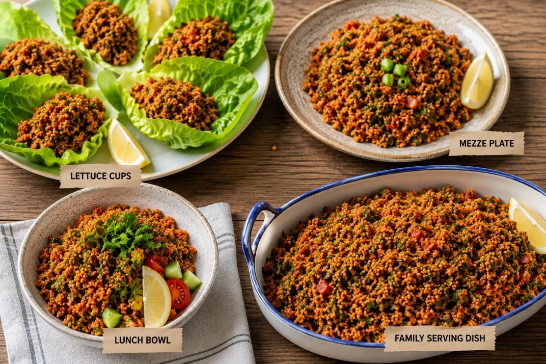 Different regional and household serving styles for Turkish kisir