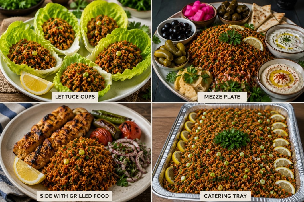 Kisir served in lettuce cups, on a mezze plate, as a side and in a catering tray