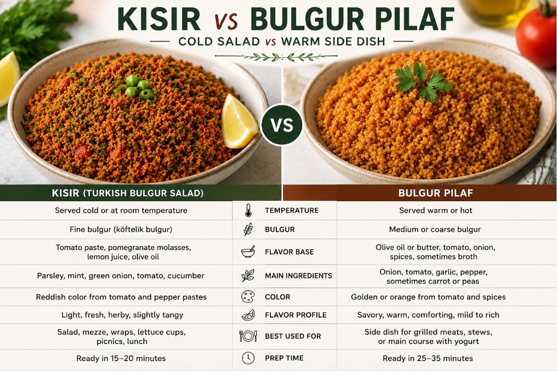 Cold Turkish kisir compared with warm bulgur pilaf